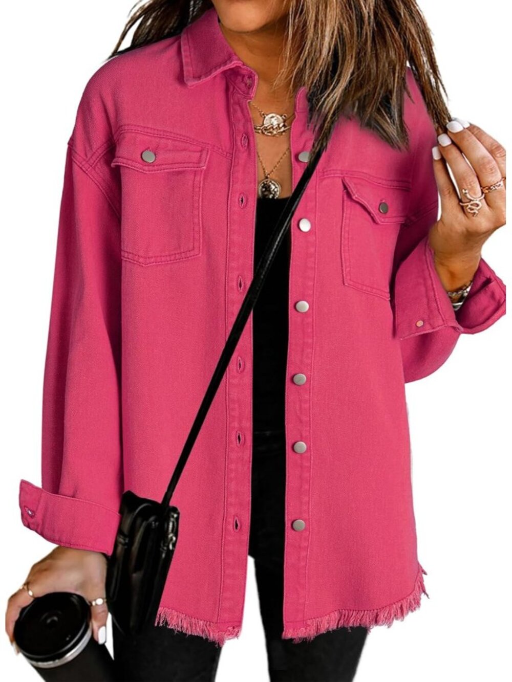 Women's Hot Pink Button Down Oversized Distressed Boyfriend Jean Jacket Fall